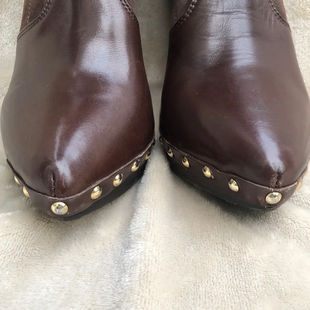 SERGIO ROSSI Chocolate Brown Suede/Leather Over the Knee Boot with Gold Studs